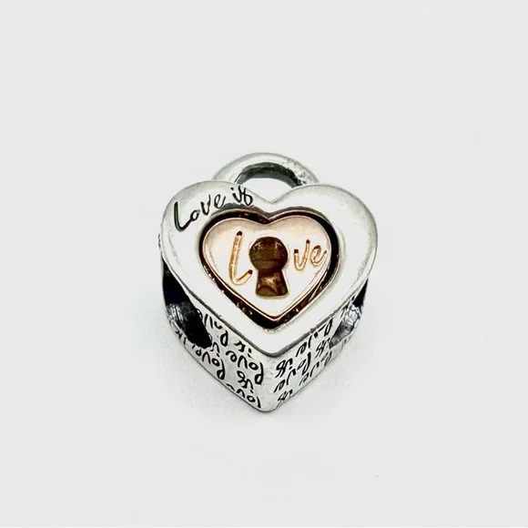 Pandora Two-tone Padlock Splittable Sterling Silver & Rose Gold Love Heart Charm - Picture 7 of 7